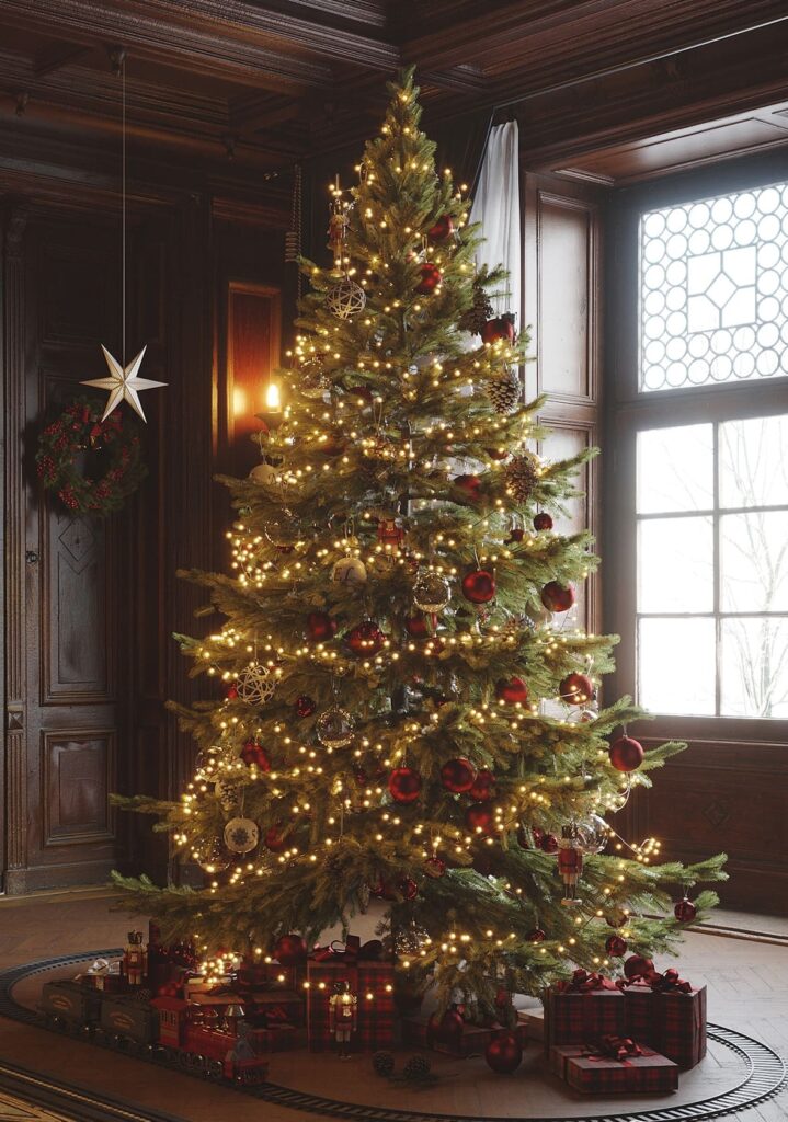 A christmas tree in a room with large windows.