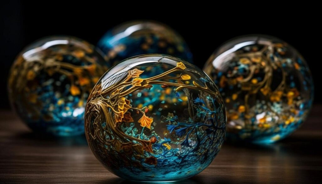 A group of blue and gold glass eggs on a table.