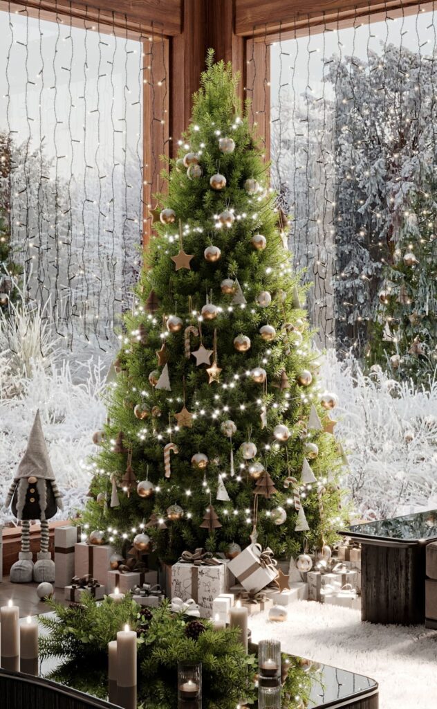 A living room with a christmas tree in front of a window.