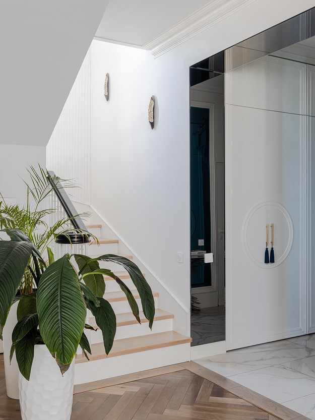 A white hallway with a potted plant and stairs.