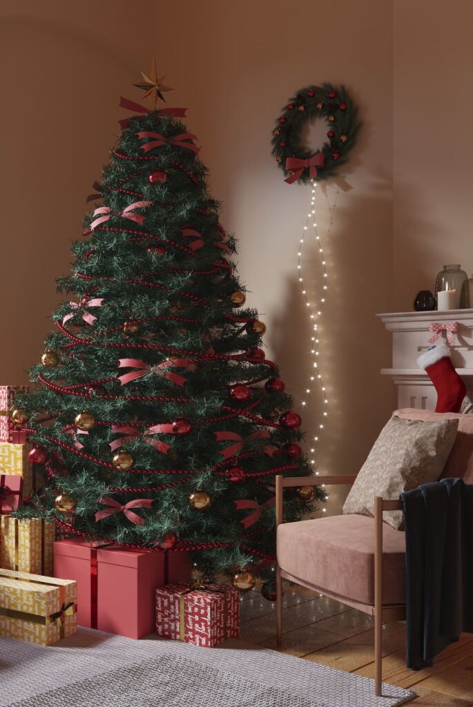 A living room with a christmas tree and presents.