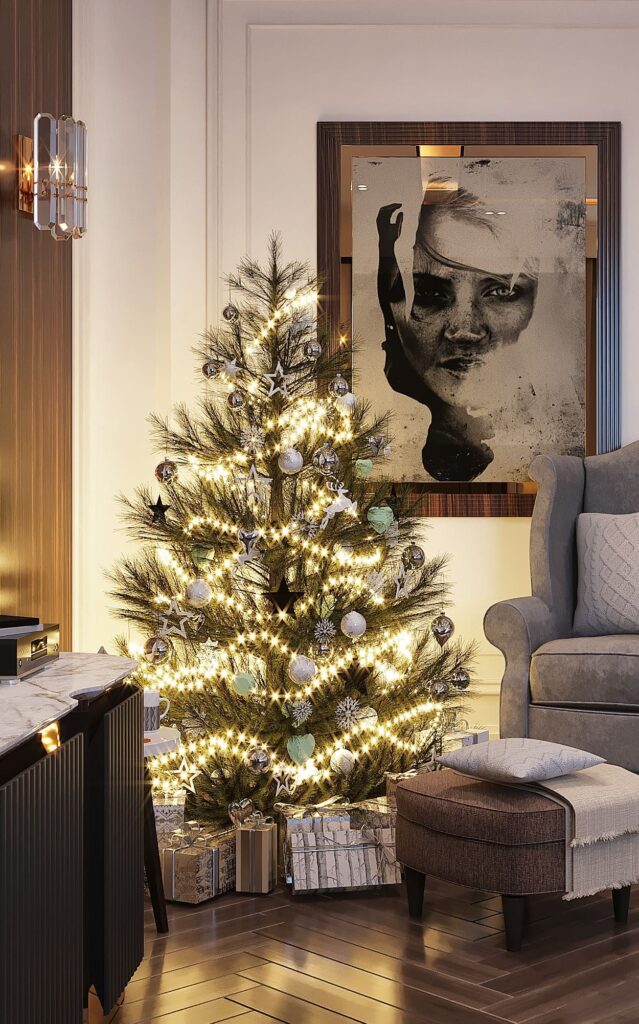 A living room with a christmas tree and a painting.