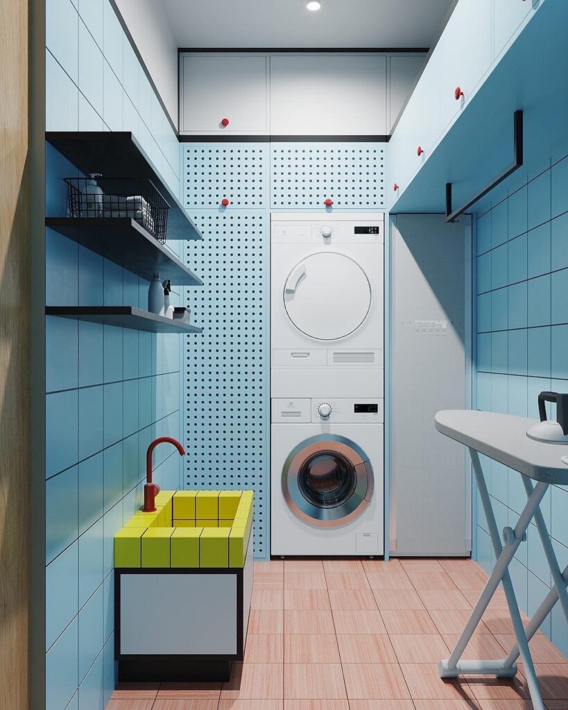 A laundry room with a washing machine and sink.