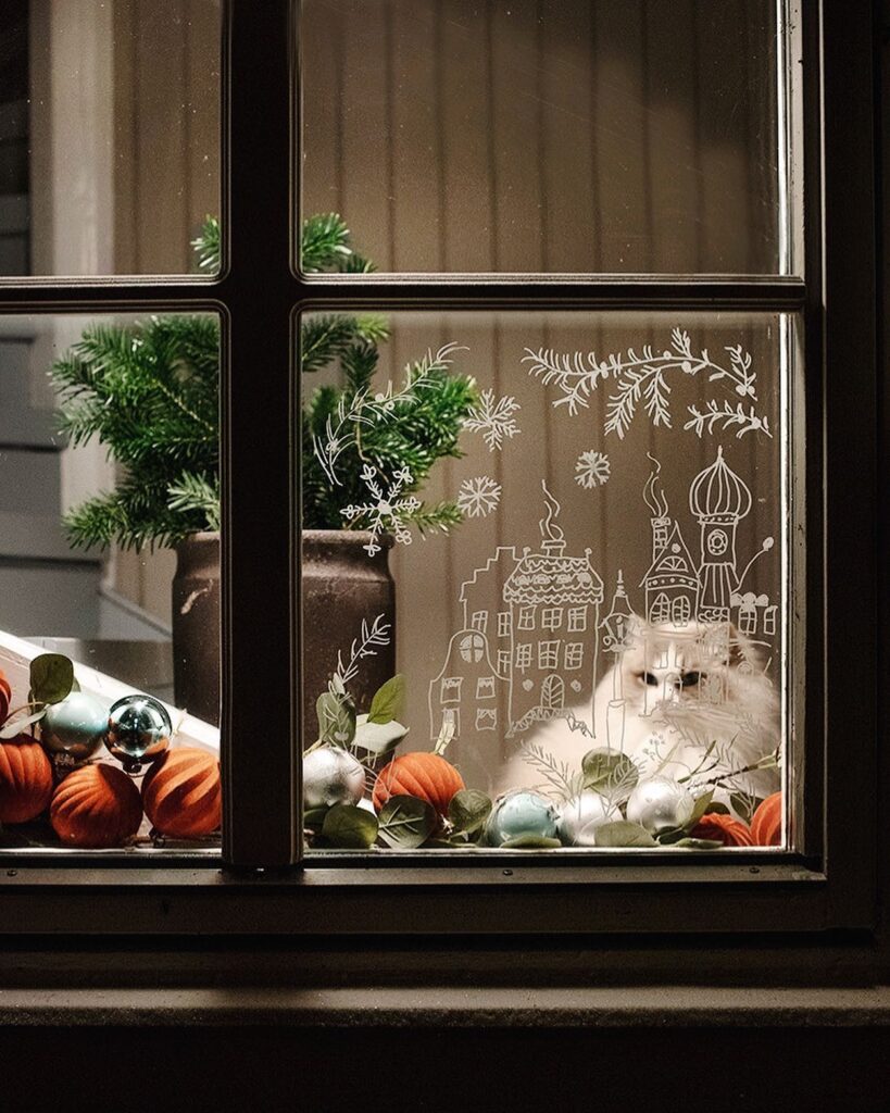 A cat is sitting in a window with ornaments.