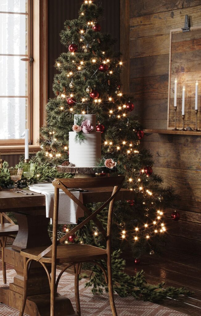 A dining room with a christmas tree and a wooden table.