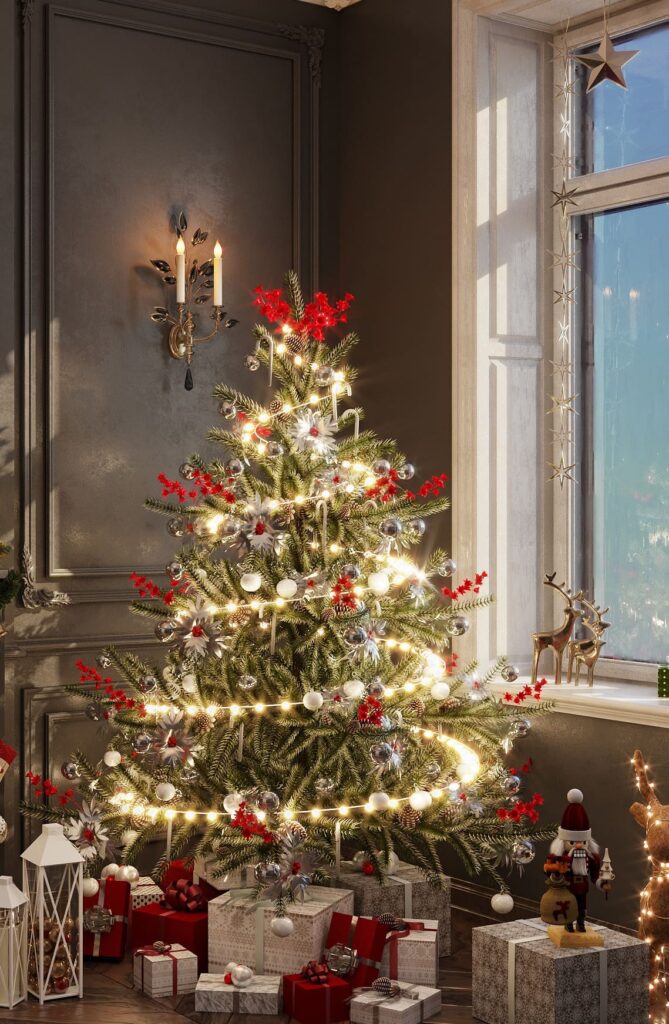 A living room with a christmas tree and presents.