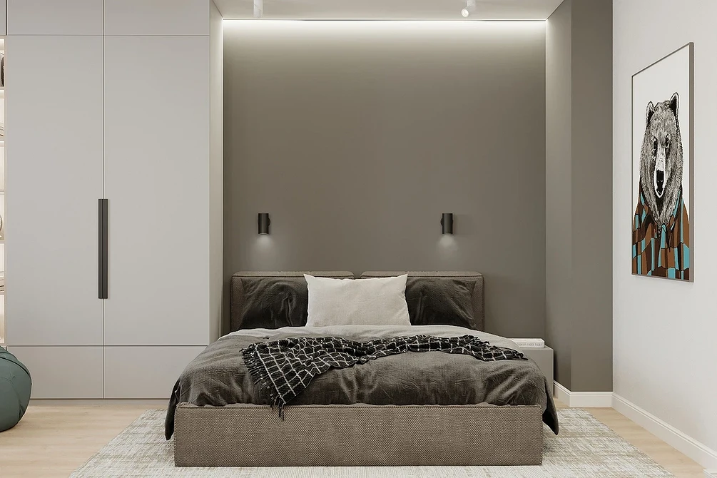 A modern bedroom with grey walls and a bed.