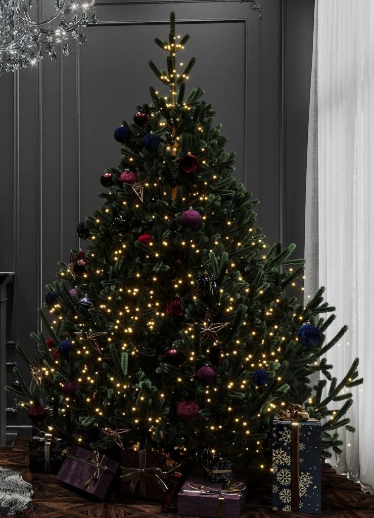 A christmas tree in a room with a fireplace.