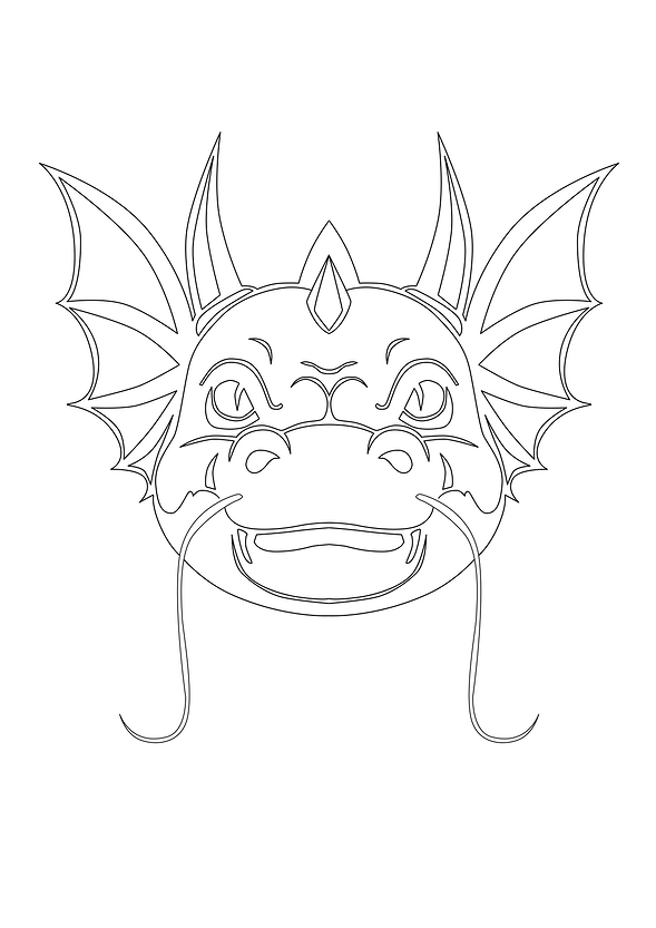 An outline drawing of a dragon head on a white background.