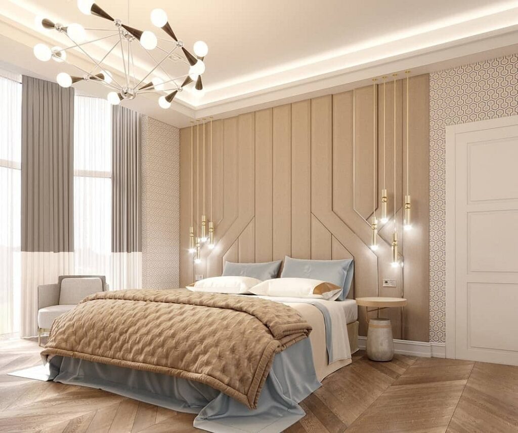 A modern bedroom with beige walls and wooden floors.